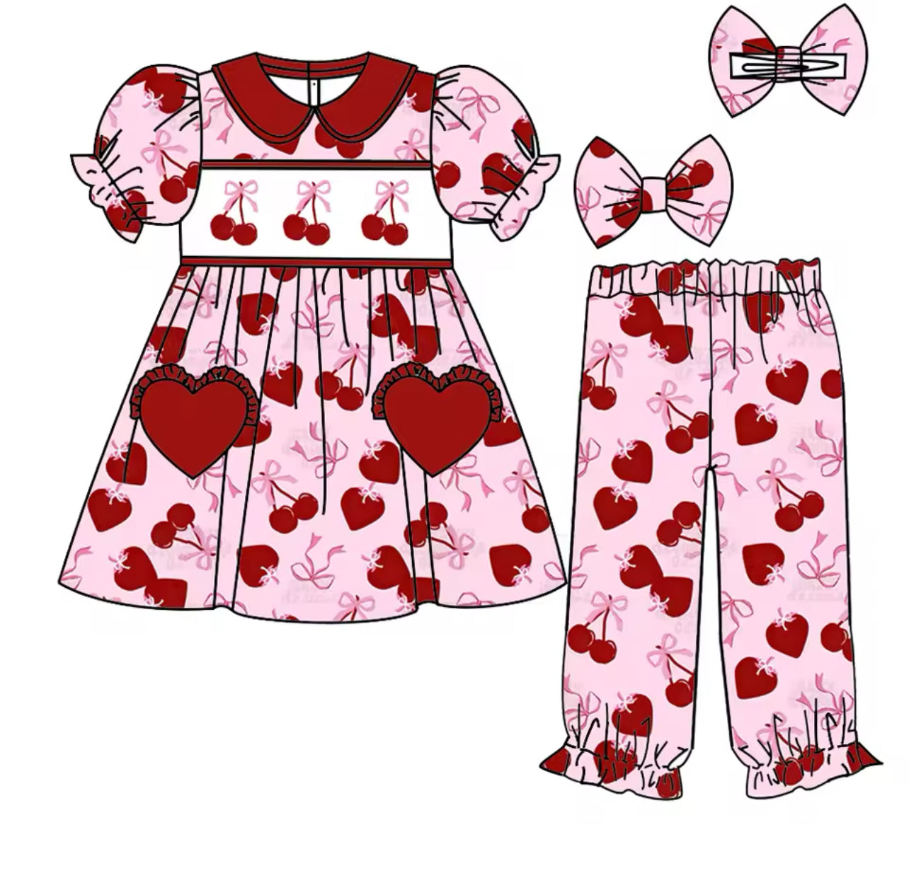 “Oh so cherry” smocked pjs set / with matching bows