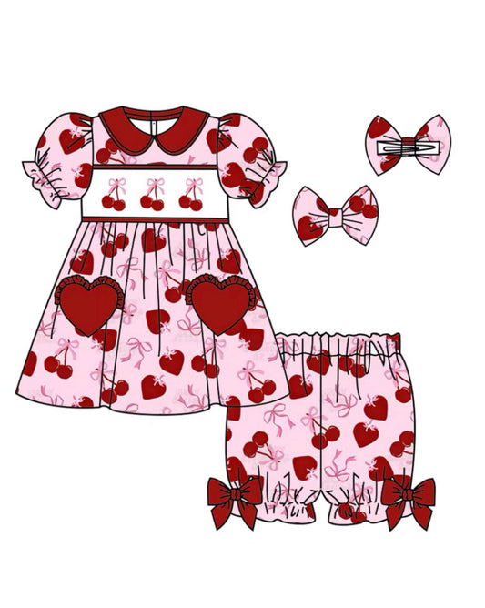 “Oh so cherry” smocked pjs set / with matching bows